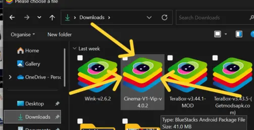 arquivo do Cinema APK para selecionar e instalar no BlueStacks