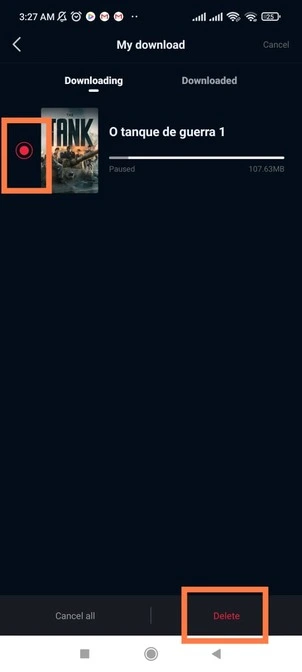 excluir opção para deletar vídeos selecionados