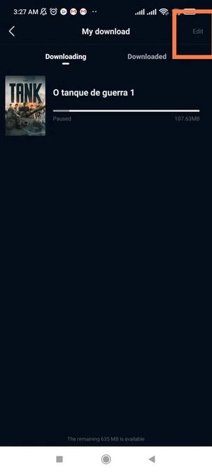 opção de editar para selecionar vários filmes ou séries ou programas de TV (baixados ou baixando)