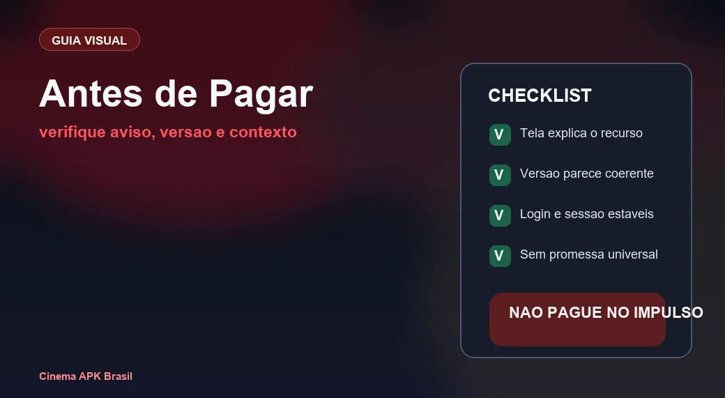 App Cinema Recarga - Antes de Pagar Checklist visual do que verificar antes de pagar ou renovar no App Cinema
