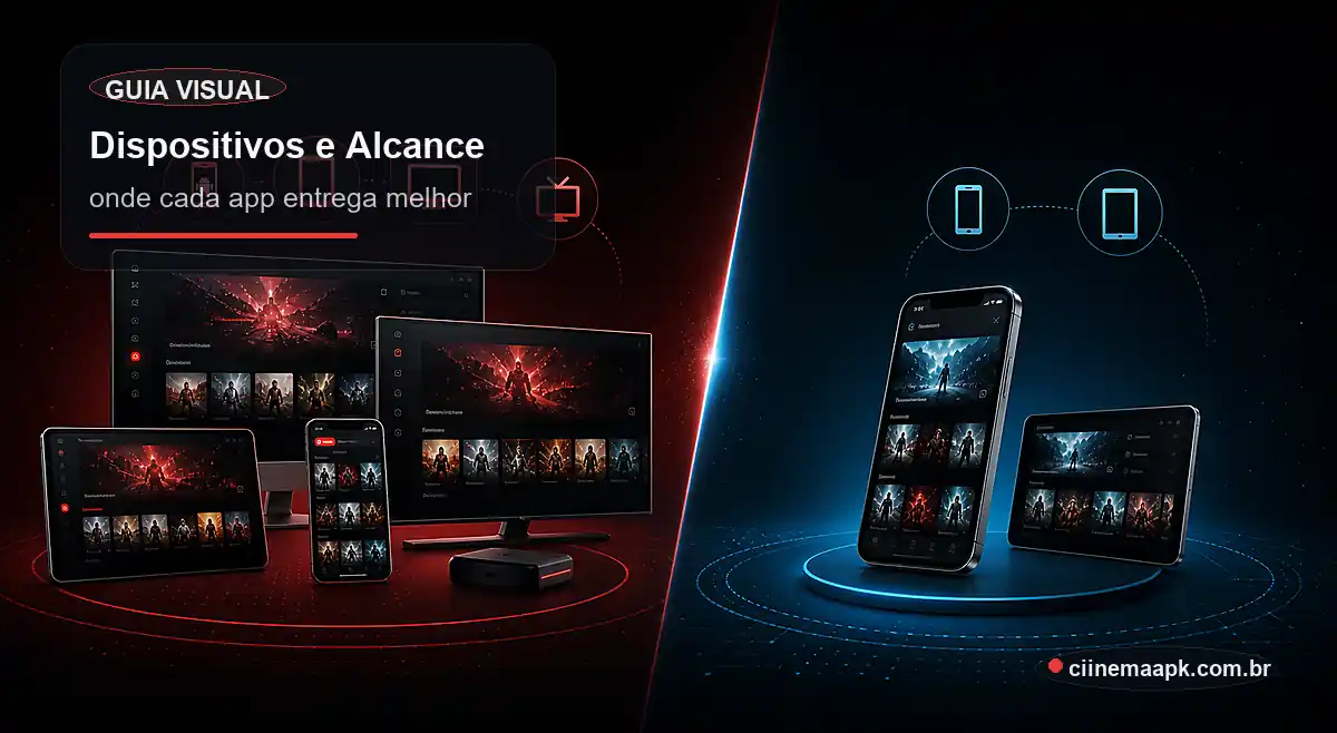 Cinema APK vs Cinema V1 - Dispositivos e Alcance Comparacao visual entre Cinema APK e Cinema V1 por dispositivos e alcance de uso