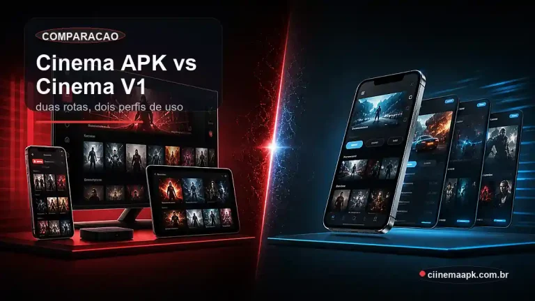 Comparacao visual entre Cinema APK e Cinema V1 por dispositivo e perfil de uso