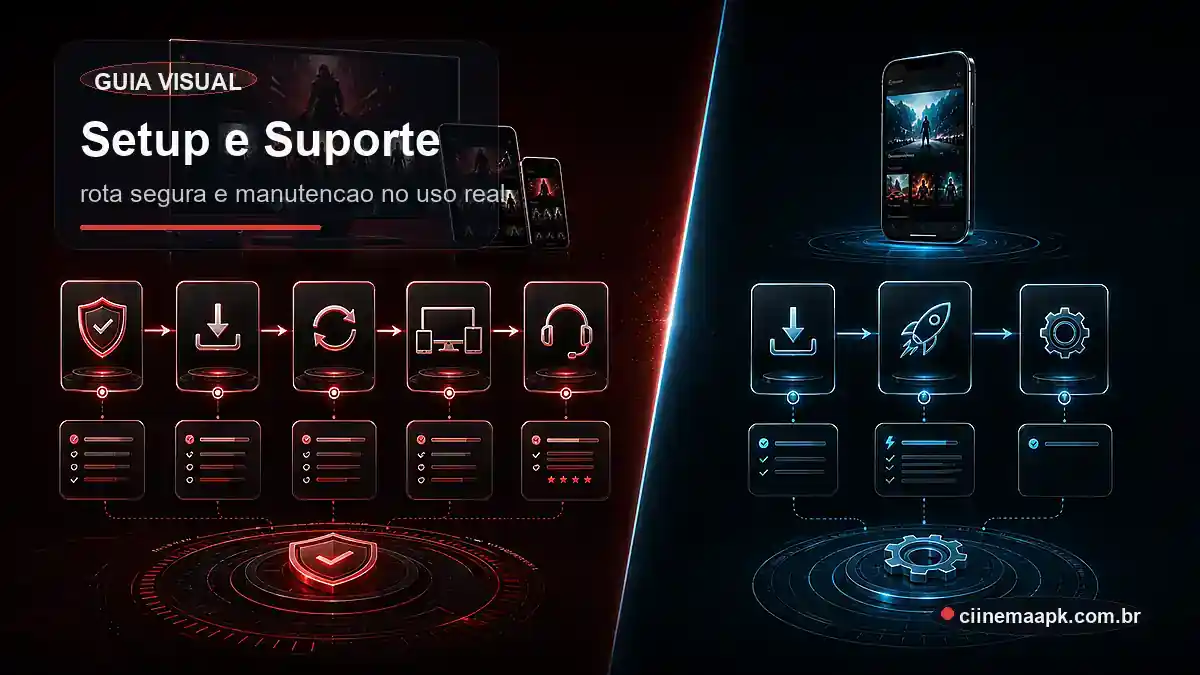 Cinema APK vs Cinema V1 - Setup e Suporte Comparacao visual entre Cinema APK e Cinema V1 por setup, suporte e manutencao