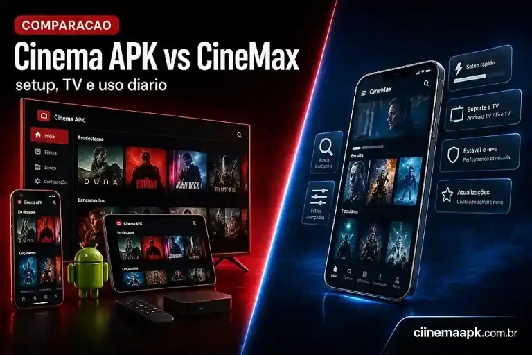 Cinema APK vs CineMax em 2026: Diferencas de Uso, Setup e Compatibilidade 5 Comparacao visual entre Cinema APK e CineMax por setup, TV e uso diario