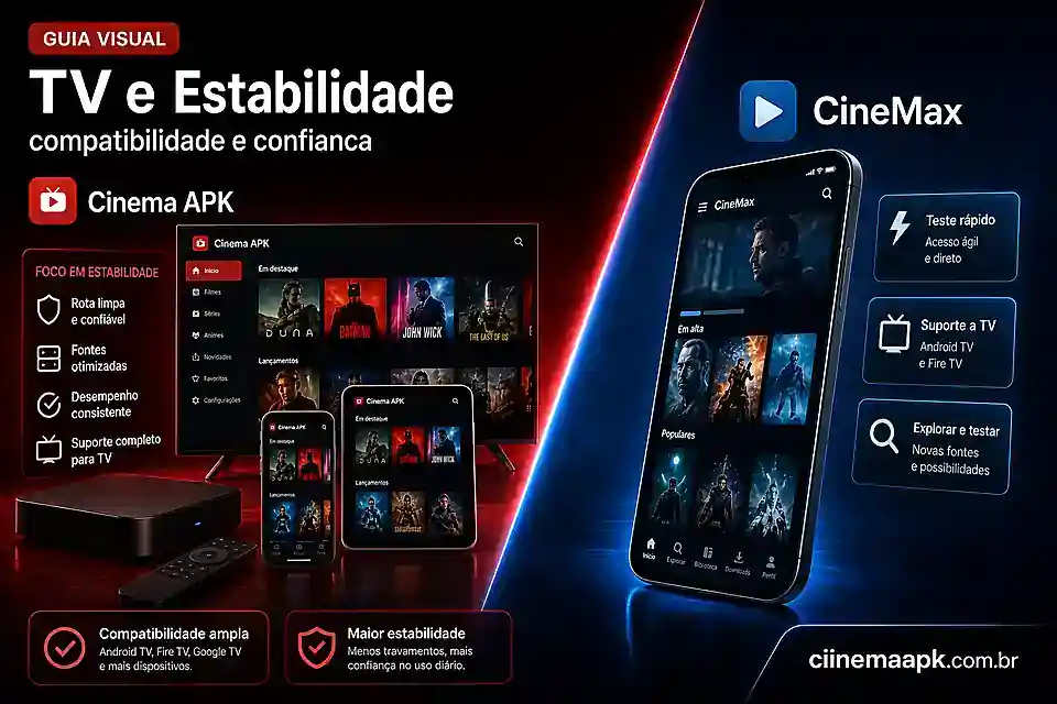 Comparacao visual entre Cinema APK e CineMax por compatibilidade com TV e estabilidade no uso