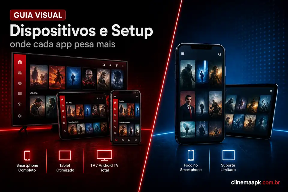 Cinema APK vs Movie APK - Dispositivos e Setup Comparacao visual entre Cinema APK e Movie APK por dispositivos e setup no Android