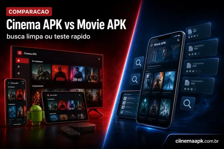Comparacao visual entre Cinema APK e Movie APK por busca limpa, teste rapido e confianca da fonte