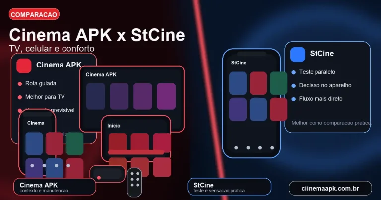 Comparacao visual entre Cinema APK e StCine por TV, celular e conforto de uso