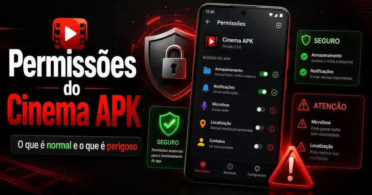 Guia visual sobre permissoes do Cinema APK com foco em acessos seguros e sinais de alerta no Android