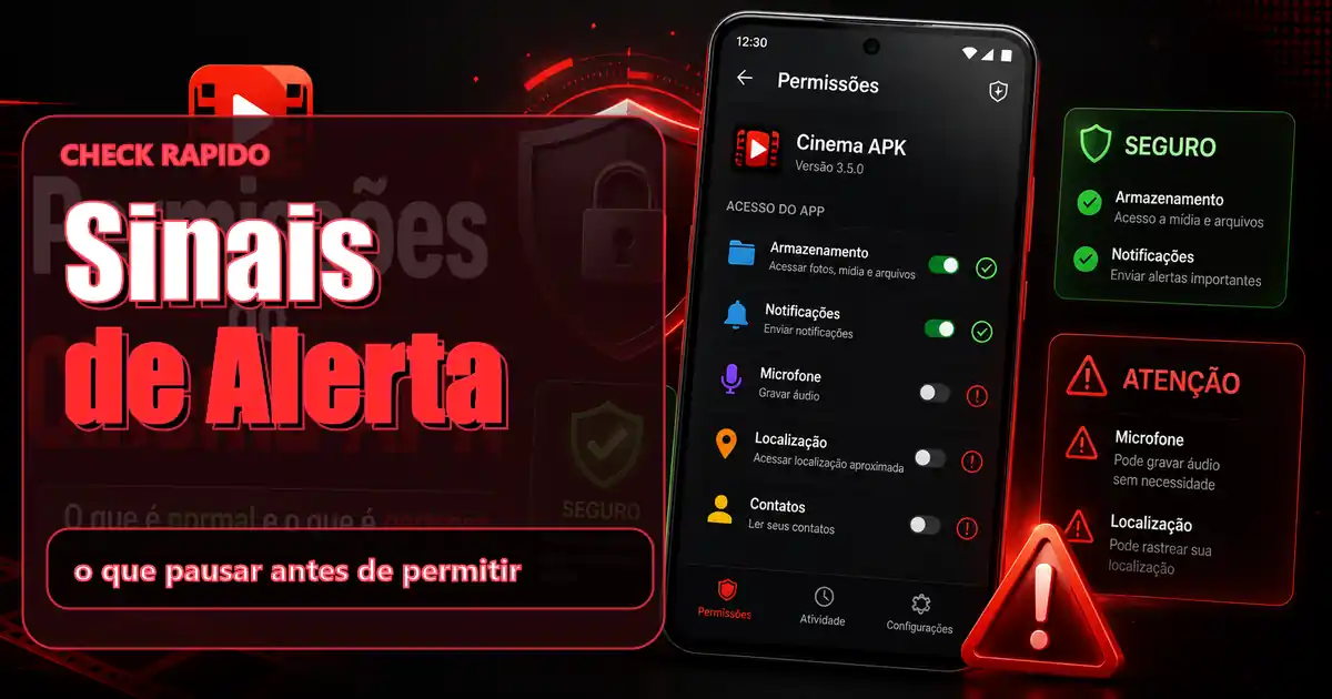 Checklist visual de sinais de alerta nas permissoes do Cinema APK antes de permitir acessos sensiveis